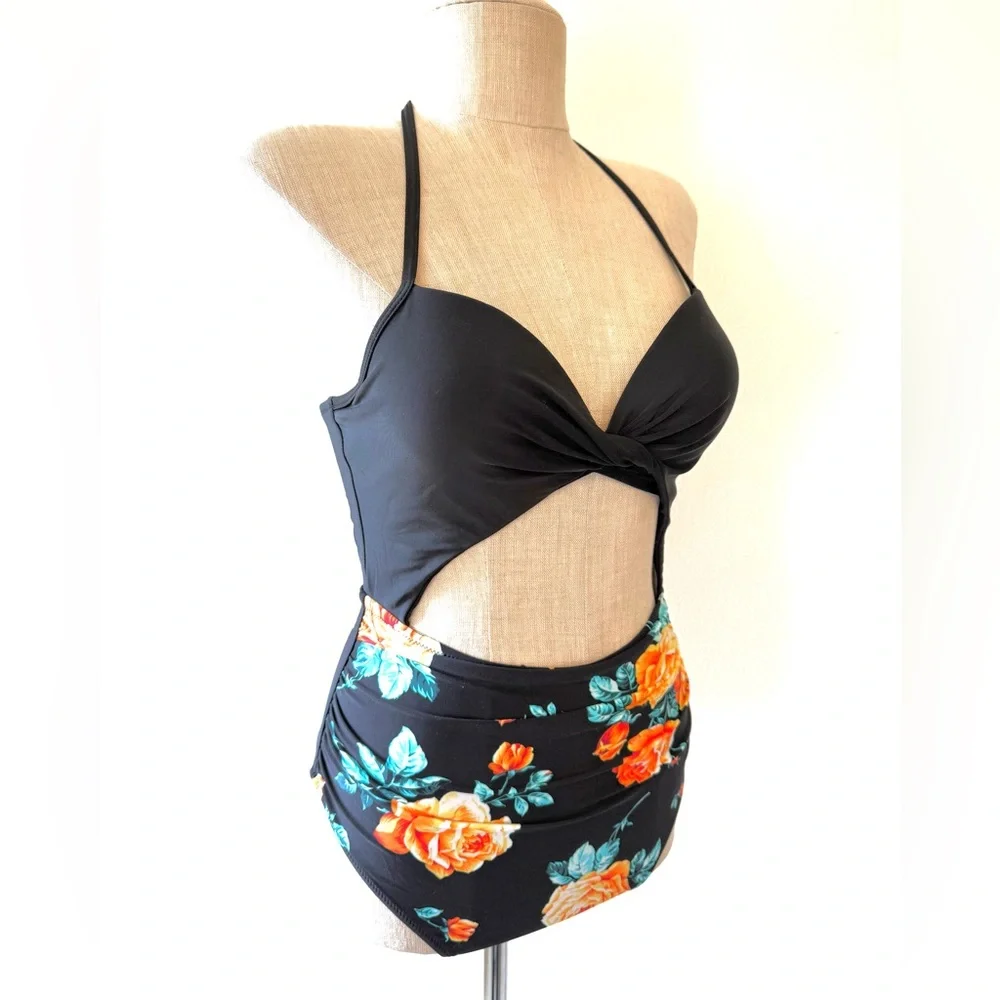 Cupshe Black Floral Print Halter Lace-Up Tummy Control One Piece Swimsuit - Picture 2 of 16